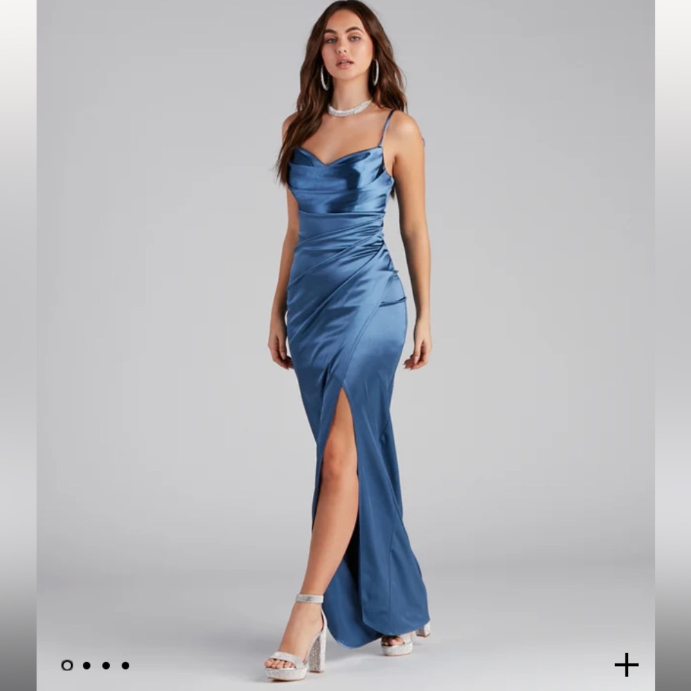 Windsor - Annabelle Knit Satin Formal Dress in Color Denim Size Large